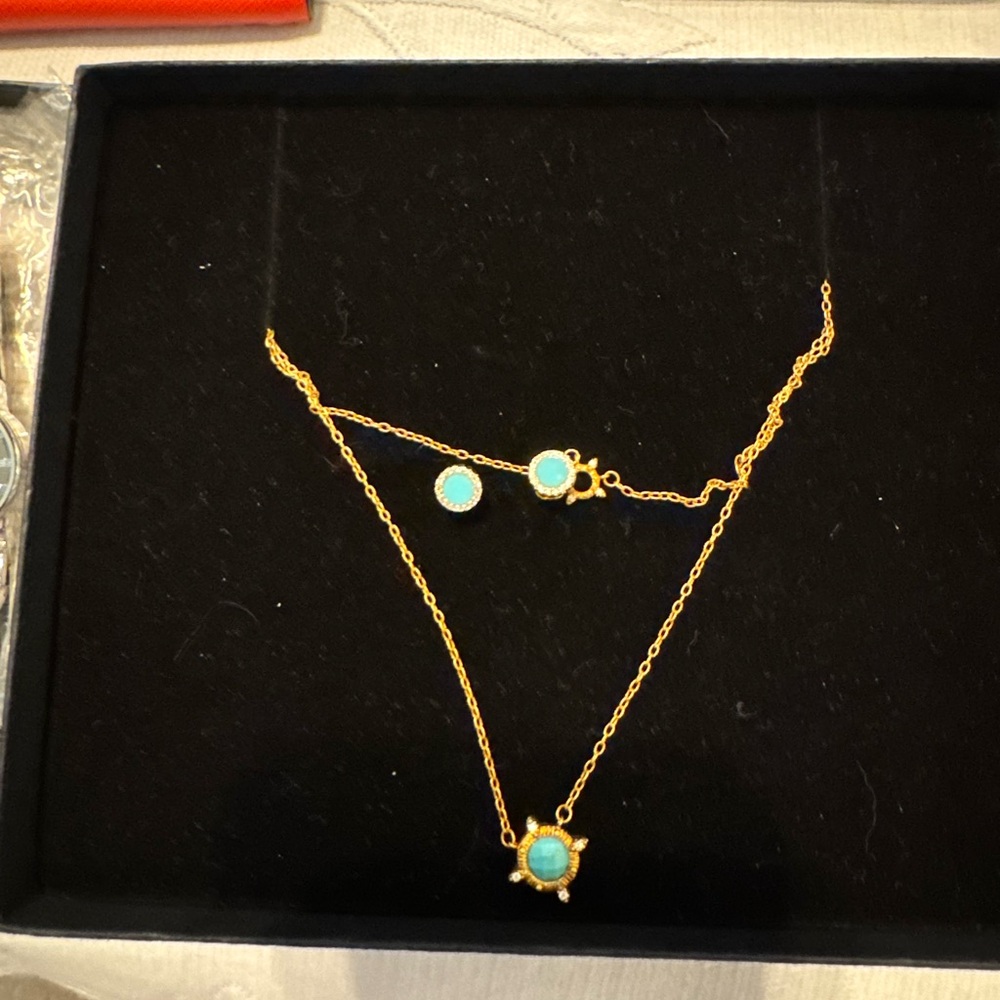 Frieda Rothman Gold-Tone Necklace with Turquoise Pendant and stud earring set